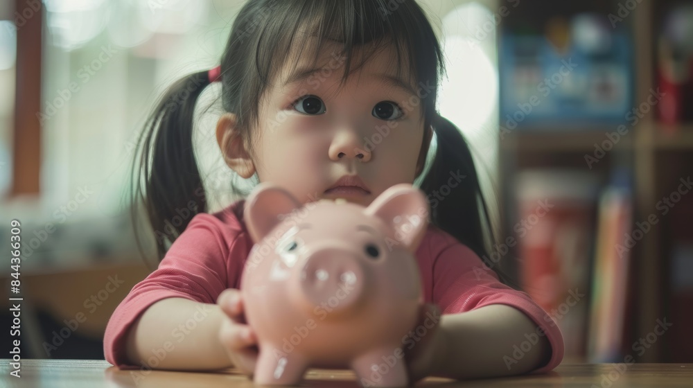 Photo of a young Asian girl putting money in a piggy bank. Learn about saving Child saving money for future education, money, finance, insurance Photo of a young Asian girl putting money in a piggy bank. Learn about saving Child saving money for future education, money, finance, insurance