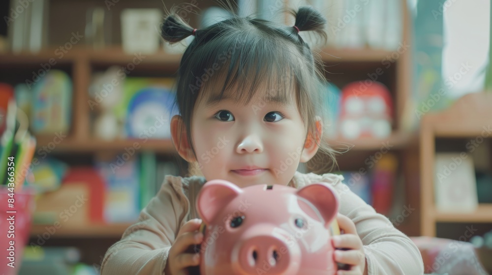 Photo of a young Asian girl putting money in a piggy bank. Learn about saving Child saving money for future education, money, finance, insurance Photo of a young Asian girl putting money in a piggy bank. Learn about saving Child saving money for future education, money, finance, insurance