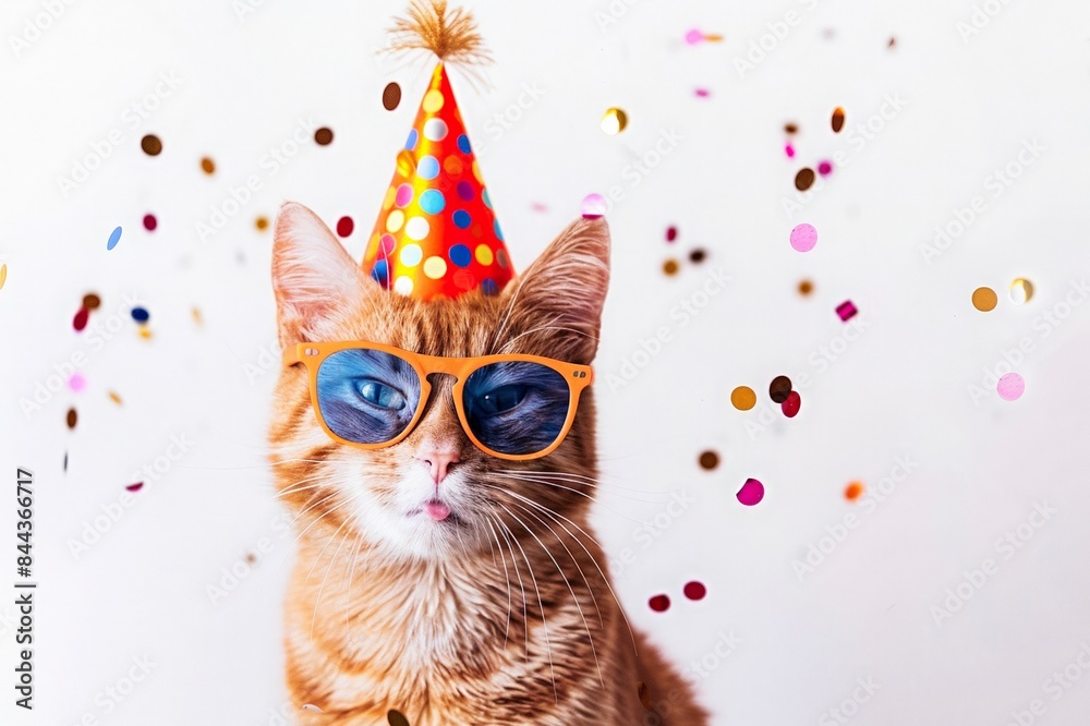Funny orange cat with funny glasses and birthday cap on a confetti pastel background. Birthday pet card, copy space. Pet love concept. Funny orange cat with funny glasses and birthday cap on a confetti pastel background. Birthday pet card, copy space. Pet love concept.