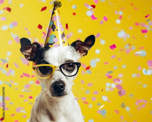 Funny dog with funny glasses and birthday cap  on a confetti pastel background. Birthday pet card, copy space. Pet love concept. © Olga