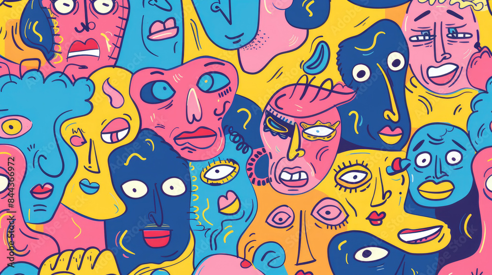 Expressive Hand-Drawn Faces in Colorful Doodle Pattern Expressive Hand-Drawn Faces in Colorful Doodle Pattern