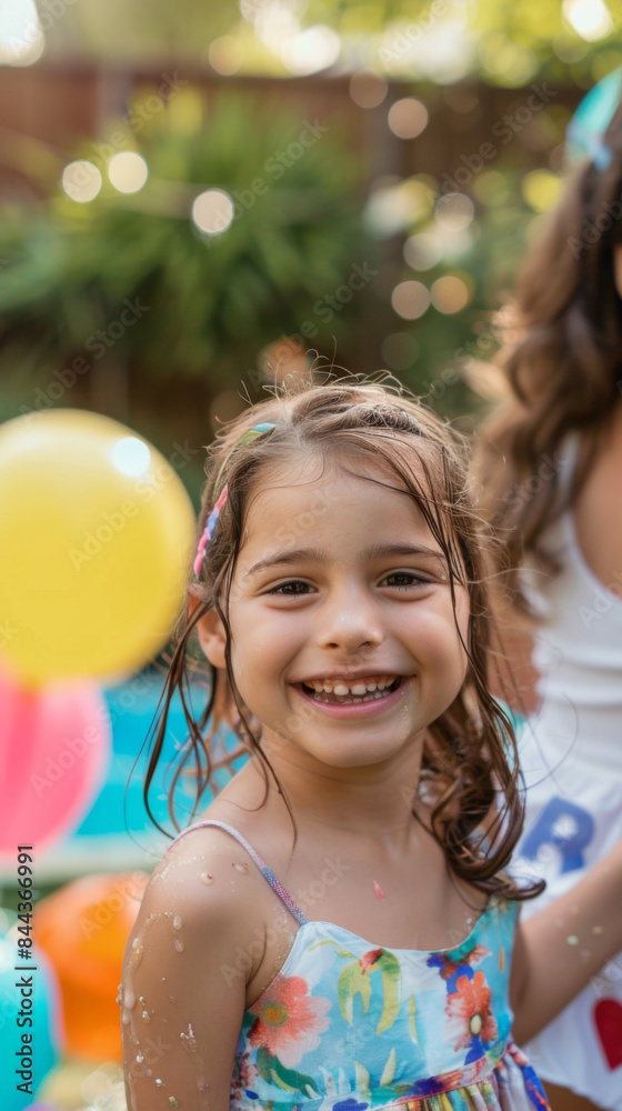 A young girl is smiling and holding a bunch of balloons A young girl is smiling and holding a bunch of balloons