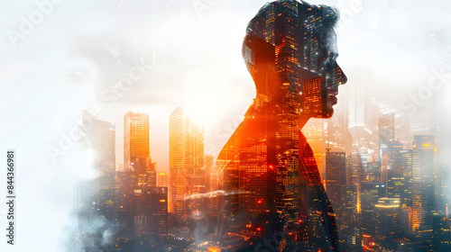 Double exposure of a businessman in a suit with a digital cityscape background. showcasing the integration between a portrait of a business man with futuristic buildings