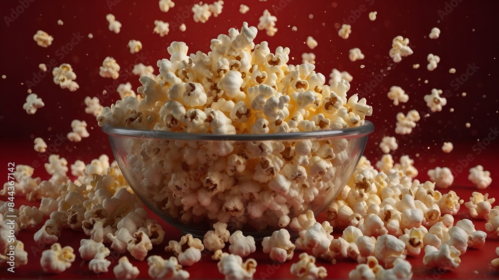popcorn in a glass bowl, and popping popcorn on a red background. popcorn in a glass bowl, and popping popcorn on a red background.
