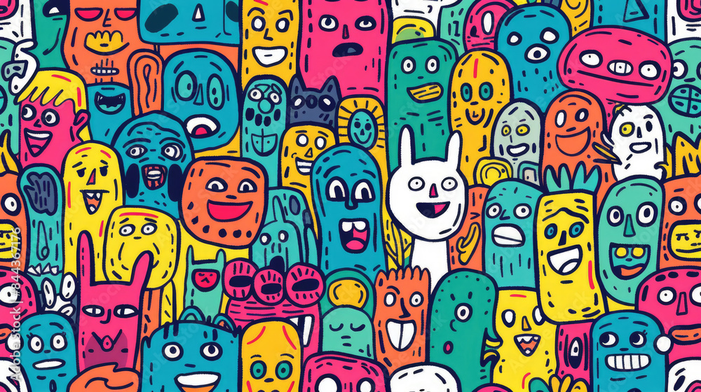 Expressive Hand-Drawn Faces in Colorful Doodle Pattern Expressive Hand-Drawn Faces in Colorful Doodle Pattern