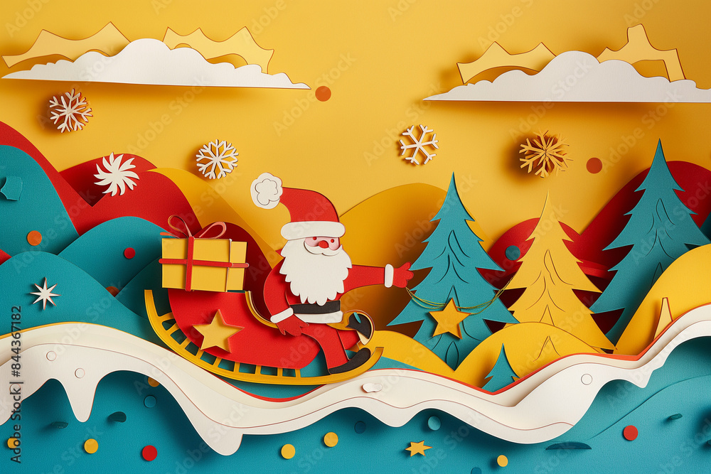 Merry Christmas paper cut style cartoon character, Santa Claus, snowman and tree on a snowy blue background. Vector. Merry Christmas paper cut style cartoon character, Santa Claus, snowman and tree on a snowy blue background. Vector.