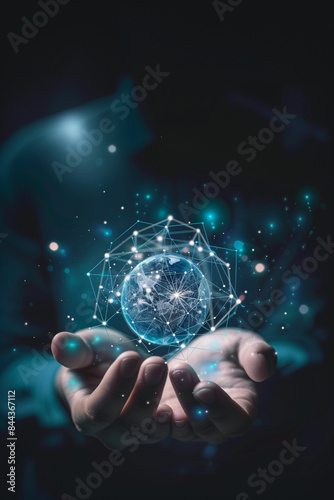 Abstract palm hands with global network connections, innovative technologies in the field of science and communication, Hand holding flying earth network global connection concept