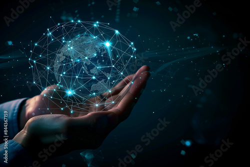 Abstract palm hands with global network connections, innovative technologies in the field of science and communication, Hand holding flying earth network global connection concept