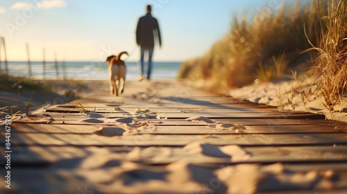 Tranquil Beach Boardwalk with a Silhouetted Dog Walker in the Blurred Environment