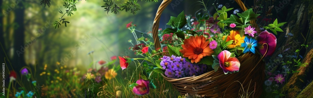 A Wicker Basket Full of Colorful Flowers in a Lush Forest A Wicker Basket Full of Colorful Flowers in a Lush Forest