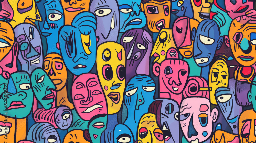Fototapeta premium Expressive Hand-Drawn Faces in Colorful Doodle Pattern