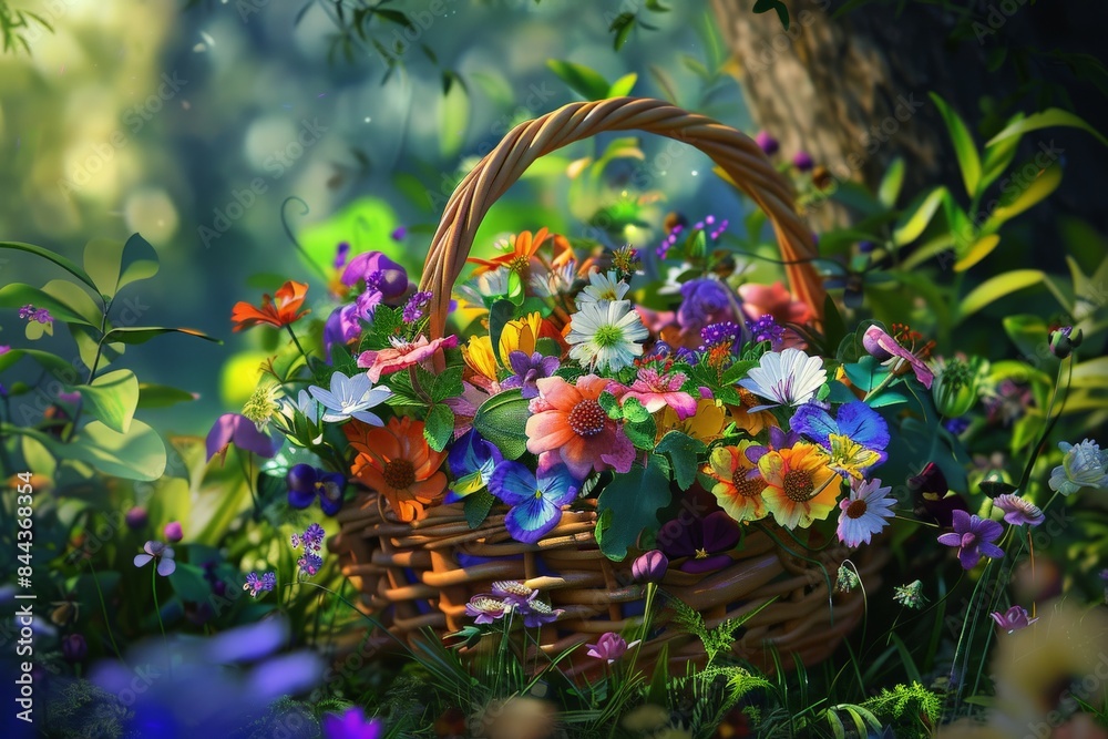 A Wicker Basket Overflowing With Colorful Wildflowers in a Sunny Forest