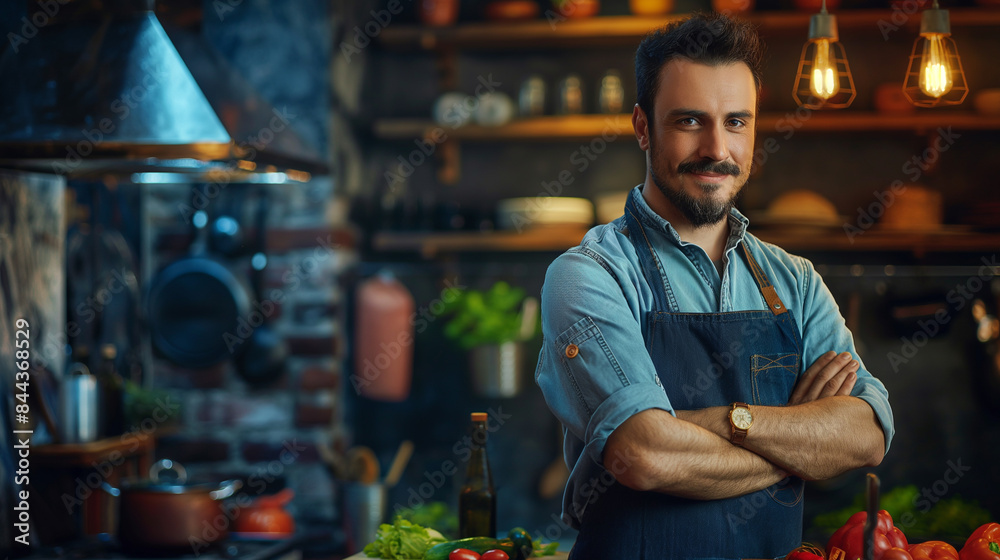 Portrait of a male cooking chef in the kitchen at home. Cooking of a tutor and cooking in the kitchen. Cutting vegetables. Cooking concept. Portrait of a male cooking chef in the kitchen at home. Cooking of a tutor and cooking in the kitchen. Cutting vegetables. Cooking concept.