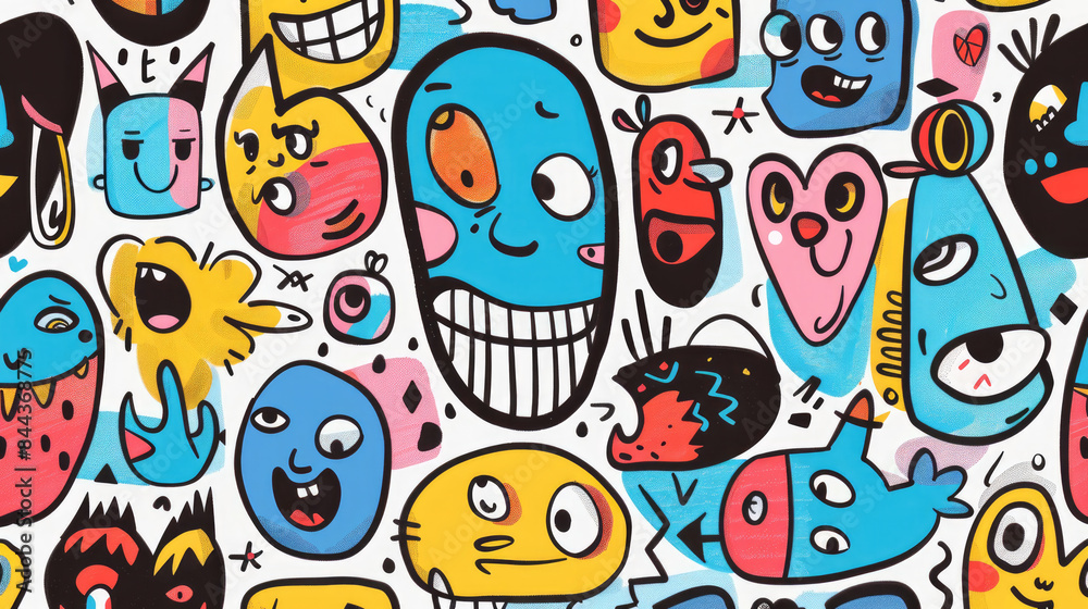 Expressive Hand-Drawn Faces in Colorful Doodle Pattern Expressive Hand-Drawn Faces in Colorful Doodle Pattern