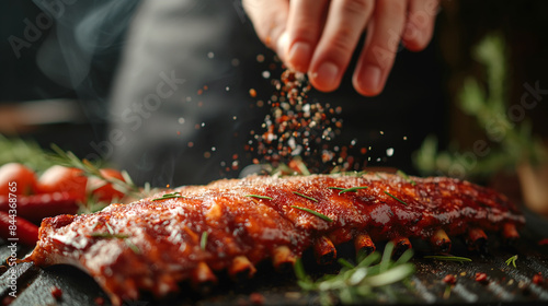 Fototapeta Naklejka Na Ścianę i Meble -  Close-up of male chef's hands placing salt and spices on beef loin, dark background Professional restaurant and hotel food concept