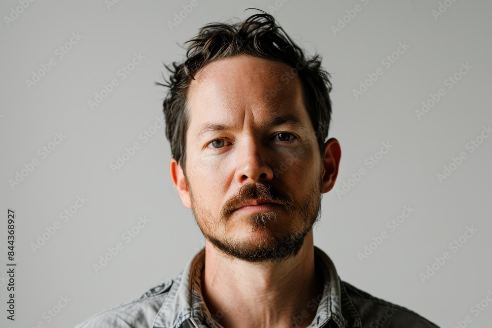 Obraz premium Portrait of a handsome man with a beard and mustache on a gray background