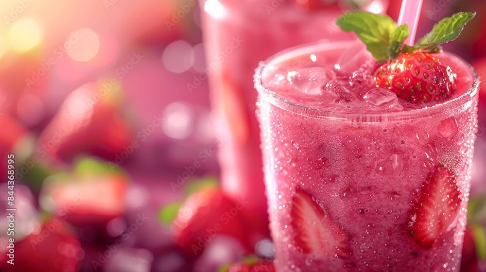 Closeup of Pink Strawberry Smoothie With Ice and Mint Closeup of Pink Strawberry Smoothie With Ice and Mint