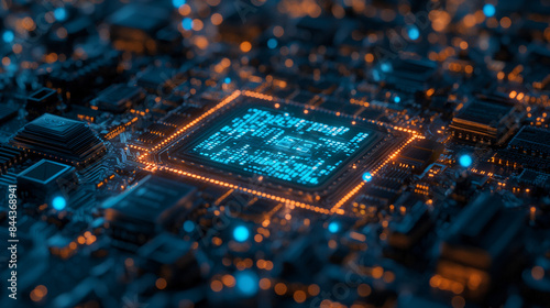 Circuit board and code orange and blue technology background PCB technology background and code Futuristic server code processing circuit board 3D illustration