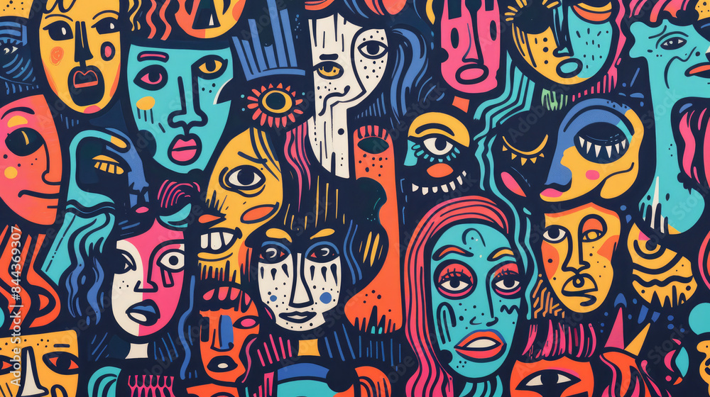 Expressive Hand-Drawn Faces in Colorful Doodle Pattern Expressive Hand-Drawn Faces in Colorful Doodle Pattern