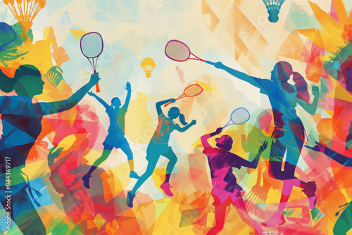 Abstract colorful illustration of badminton players. Ai generative art