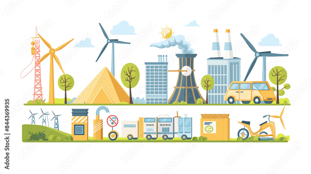 Green city with solar panels and wind turbines, environment and ecology concept in green concept, illustration Green city with solar panels and wind turbines, environment and ecology concept in green concept, illustration