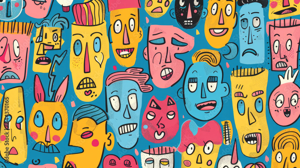 Expressive Hand-Drawn Faces in Colorful Doodle Pattern Expressive Hand-Drawn Faces in Colorful Doodle Pattern