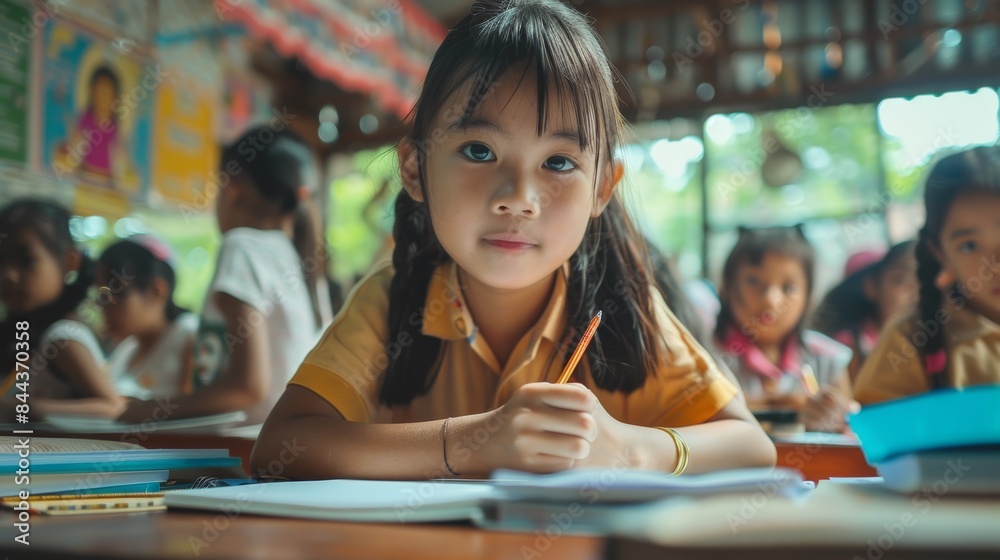Thai primary school poor student writing in class Group of Thai students educational evaluation concept Thai primary school poor student writing in class Group of Thai students educational evaluation concept