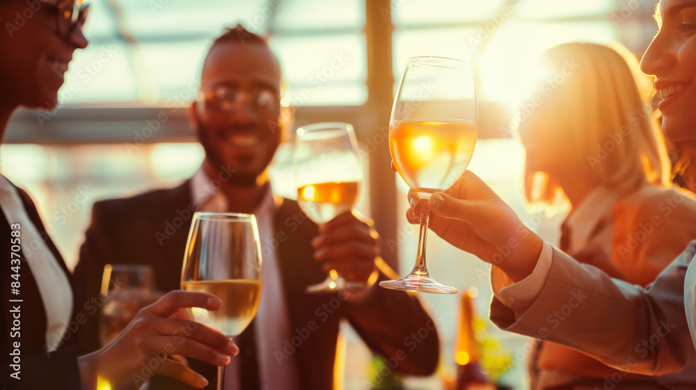 Group Of Friends Clinking Glasses, Celebrating In A Sunlit, Warm Atmosphere Group Of Friends Clinking Glasses, Celebrating In A Sunlit, Warm Atmosphere
