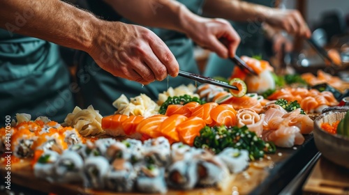 A close-up shot of freshly prepared sushi rolls, with a chefs hand delicately slicing them with a sharp knife. Friendship Day photo