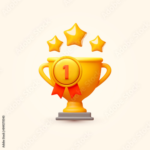 3D winners cup with medal and stars Trophy cup. Vector award nomination background.