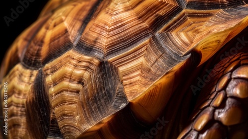 A close-up image of a tortoise shell, showcasing the unique, hexagonal scutes and the natural color variations. 32k, full ultra hd, high resolution