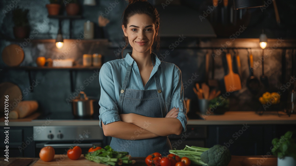 Portrait of a cooking chef. Female housewife in the kitchen at home. Cooking of a tutor and cooking in the kitchen. Cutting vegetables. Cooking concept. Portrait of a cooking chef. Female housewife in the kitchen at home. Cooking of a tutor and cooking in the kitchen. Cutting vegetables. Cooking concept.