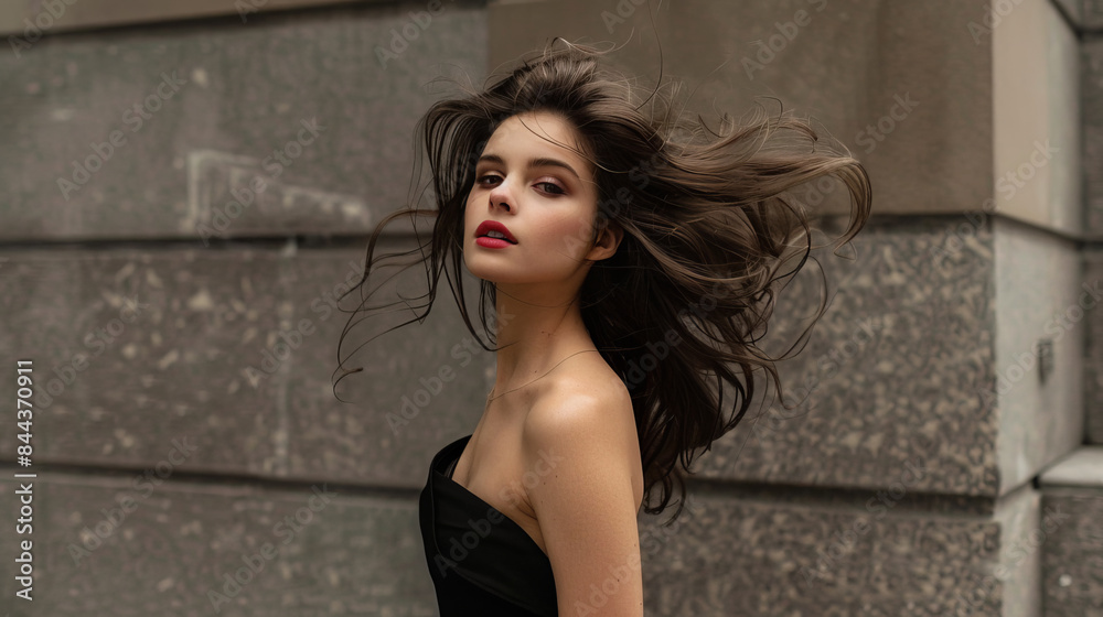 Naklejka premium A woman with long hair and a red lipstick stands in front of a brick wall