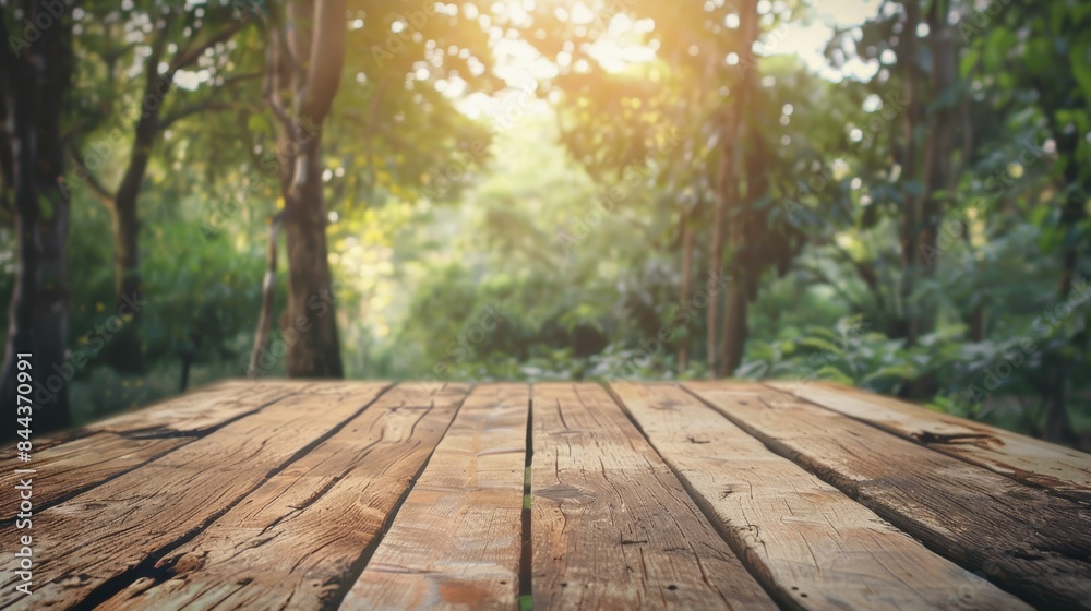 Empty wooden table for presenting products on a natural forest background. Vintage tone, light tones.