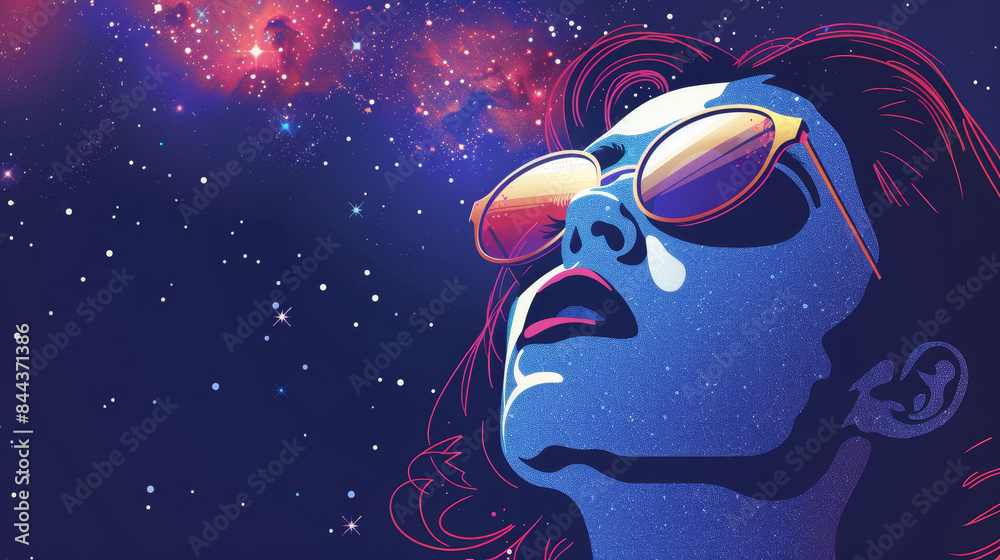Fototapeta premium A woman with sunglasses is looking up at the stars