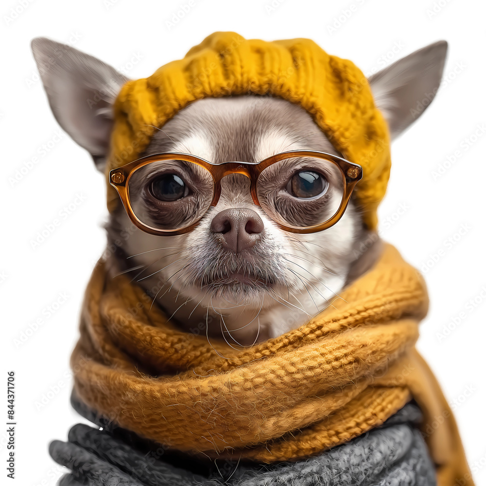 Obraz premium A chihuahua wearing glasses and a yellow hat
