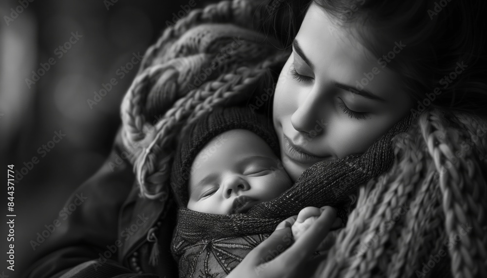 Black and white portrait of a mother hugging her newborn baby Black and white portrait of a mother hugging her newborn baby