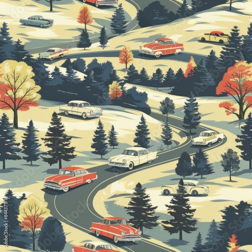 Create a seamless background of retro cars and classic road trip scenes, designed to tile perfectly without visible seams, a seamless pattern