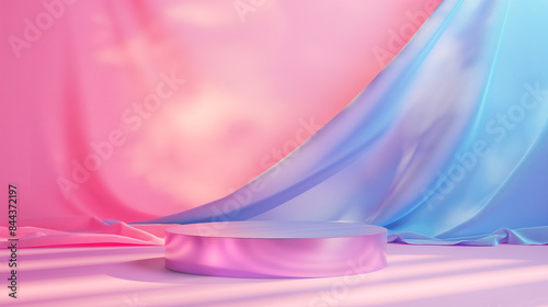 Elegant holographic stand against a fabric background. For displaying cosmetics or jewelry in a luxury marketing photo, copy space.