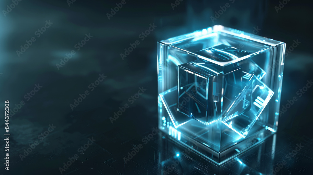 Futuristic 3D cube with transparent glass effect on dark background, perfect for banners and posters. Modern and stylish geometric illustration. Futuristic 3D cube with transparent glass effect on dark background, perfect for banners and posters. Modern and stylish geometric illustration.