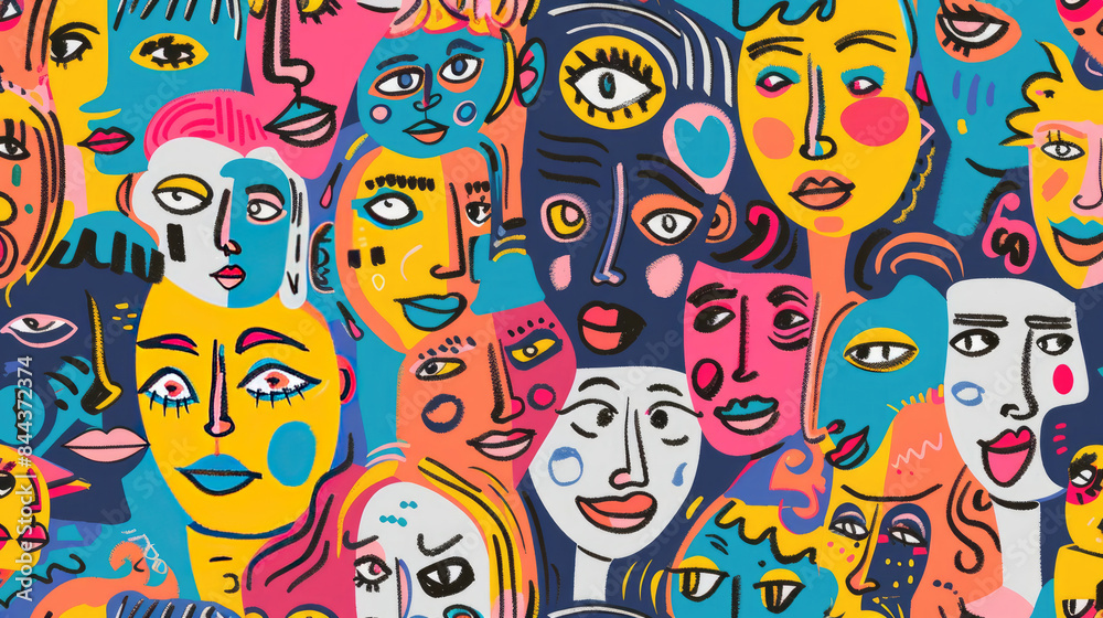 Colorful Happy Face Doodle Expressions Playful Hand-drawn Pattern Colorful Happy Face Doodle Expressions Playful Hand-drawn Pattern
