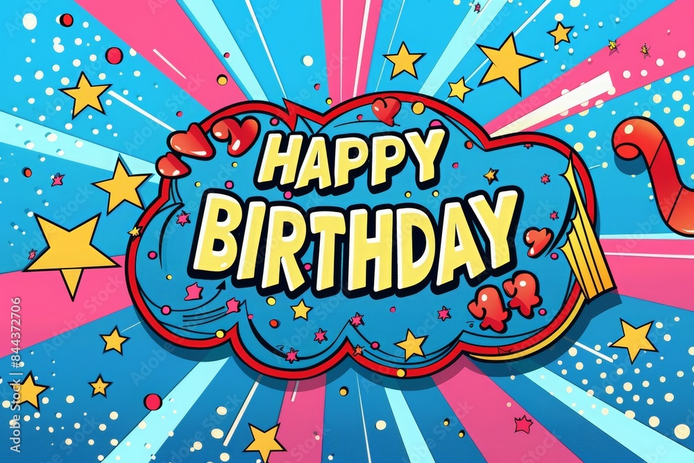 HAPPY BIRTHDAY in a comic speech bubble on a blue background with rays, in the pop art style, colorful cartoon vector illustration