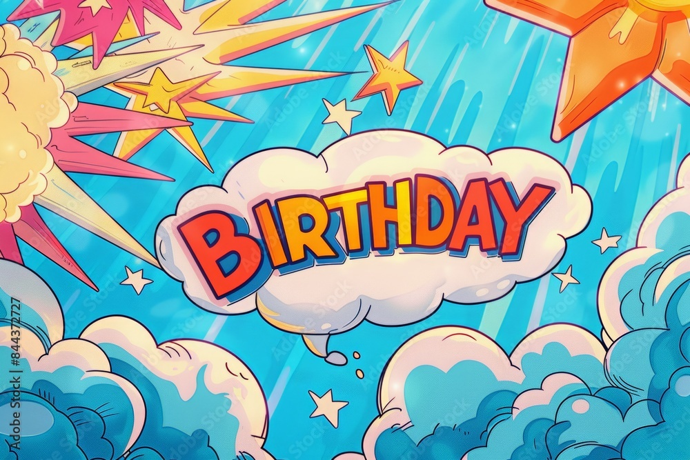 HAPPY BIRTHDAY in a comic speech bubble on a blue background with rays, in the pop art style, colorful cartoon vector illustration HAPPY BIRTHDAY in a comic speech bubble on a blue background with rays, in the pop art style, colorful cartoon vector illustration