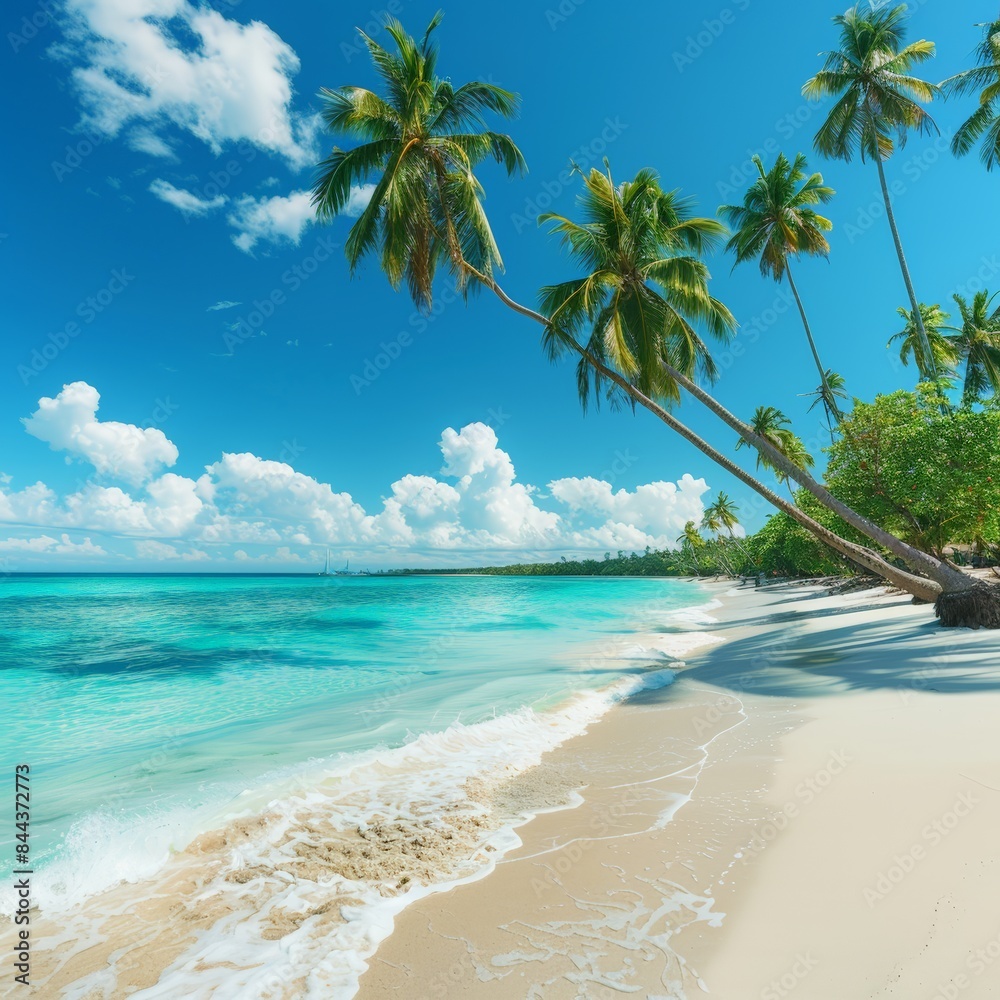 Obraz premium Tropical Beach Paradise With Palm Trees and Clear Blue Water