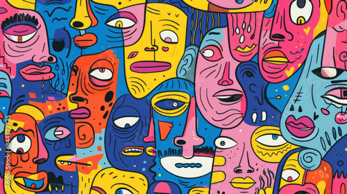 Colorful Happy Face Doodle Expressions Playful Hand-drawn Pattern