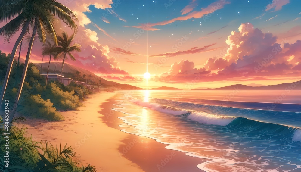 sunrise beach, anime style, wide-angle shot sunrise beach, anime style, wide-angle shot
