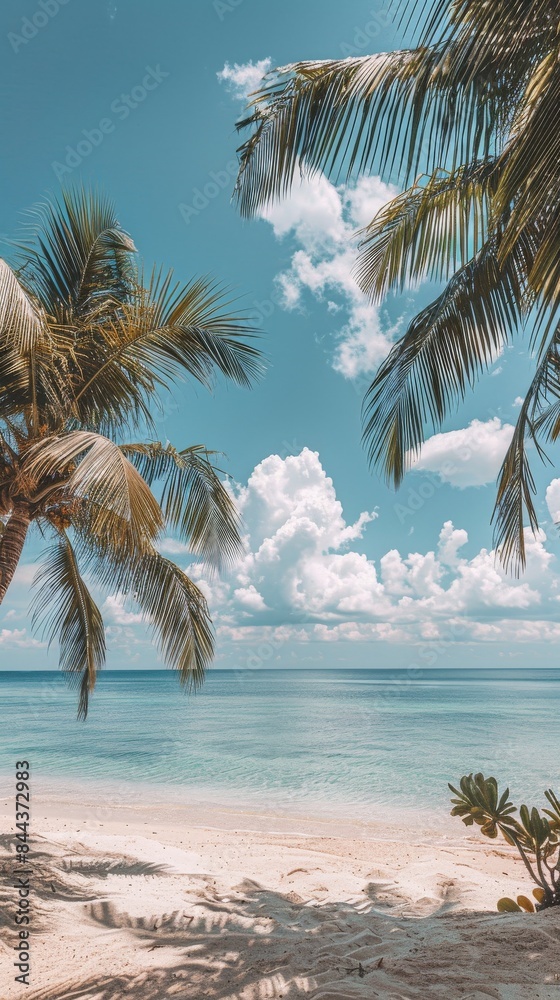 Fototapeta premium Tropical Beach Scene With Palm Trees and Blue Sky