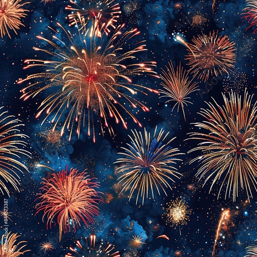 Create a seamless background of celebratory fireworks in a night sky, designed to tile perfectly without visible seams, a seamless pattern