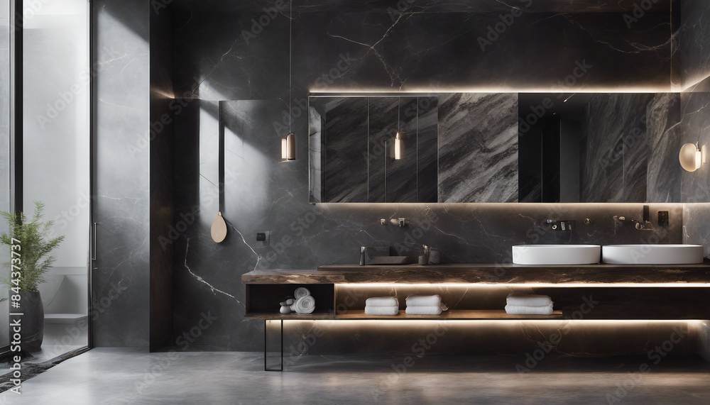 minimalist bathroom design in dark marble and wood.