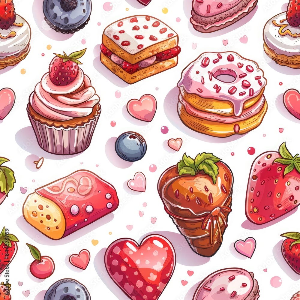 Design a seamless background with sweet treats and Valentine's Day desserts, suitable for use as a repeating pattern, a seamless pattern Design a seamless background with sweet treats and Valentine's Day desserts, suitable for use as a repeating pattern, a seamless pattern
